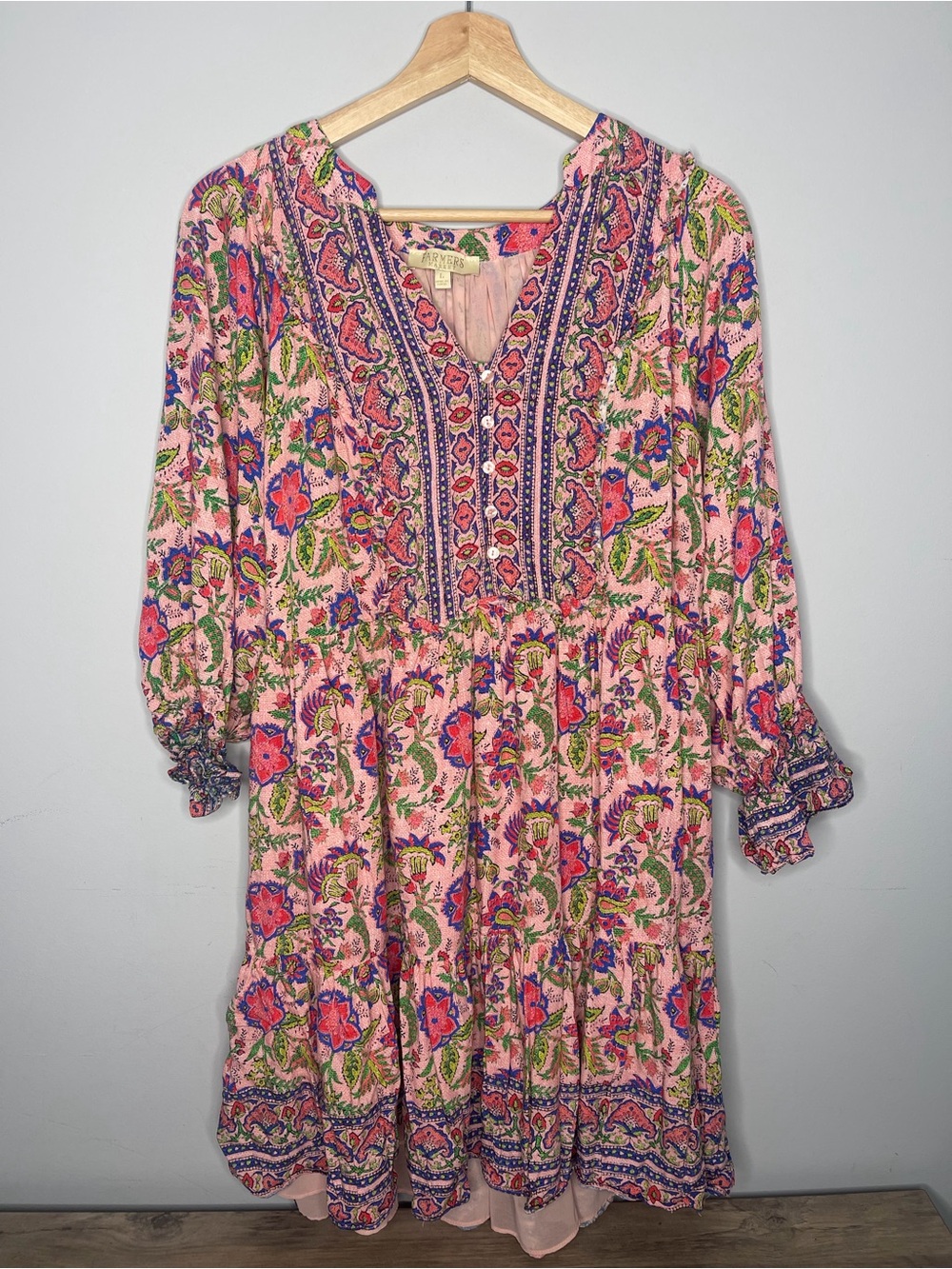 Women’s Farmers Market Pink Floral Boho V-Neck Tiered Dress large